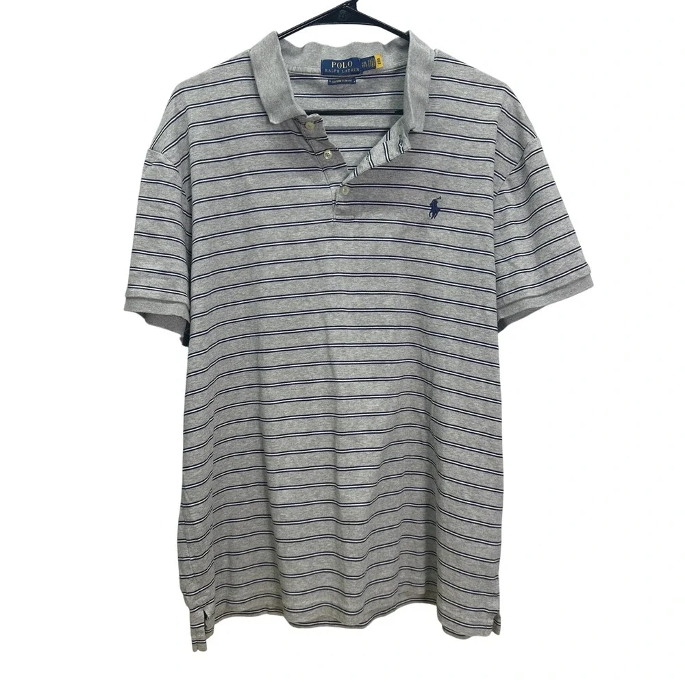 Polo Ralph Lauren Mens XXL Custom Slim Fit Striped Polo Shirt Grey Navy Blue